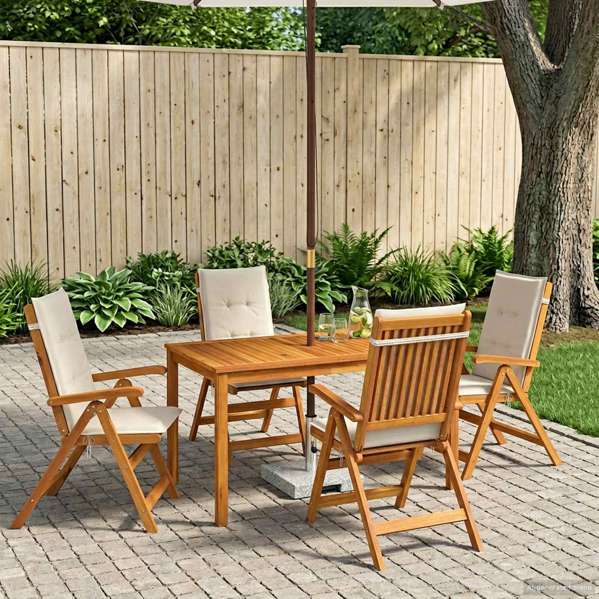 5-Piece Garden Dining Set 4-Seaters Solid Acacia Wood Cream Table + 4x chair