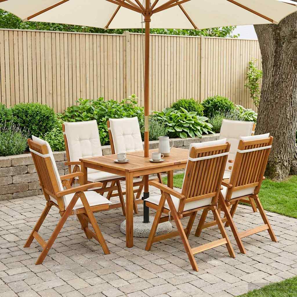 5-Piece Garden Dining Set 4-Seaters Solid Acacia Wood Cream Table + 6x chair