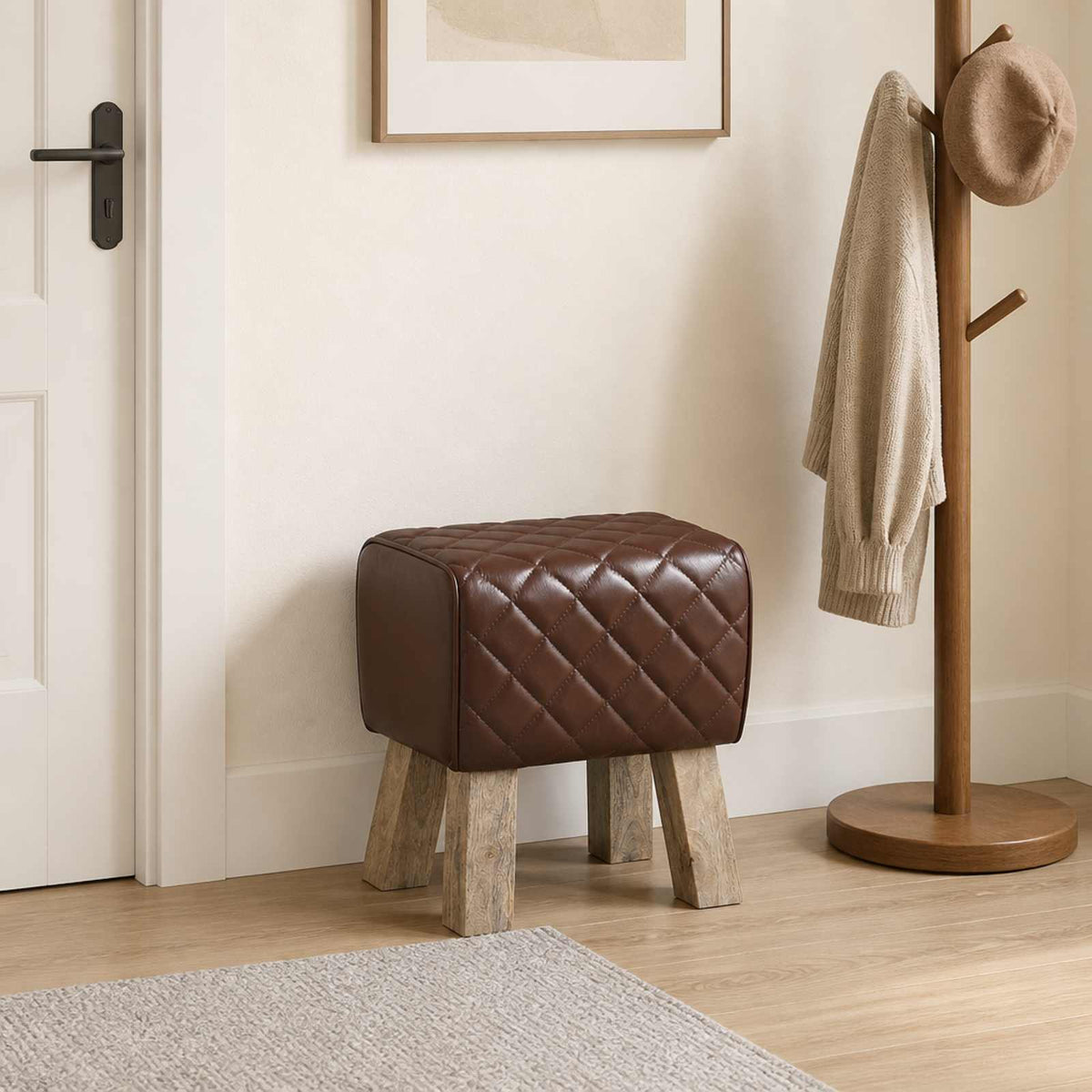 Bench 40 x 30 x 45 cm Real Leather Brown diamond