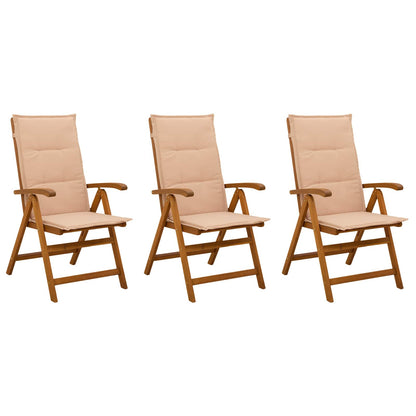 Reclining Garden Chairs Natural Solid Acacia Wood 3 with beige cushion