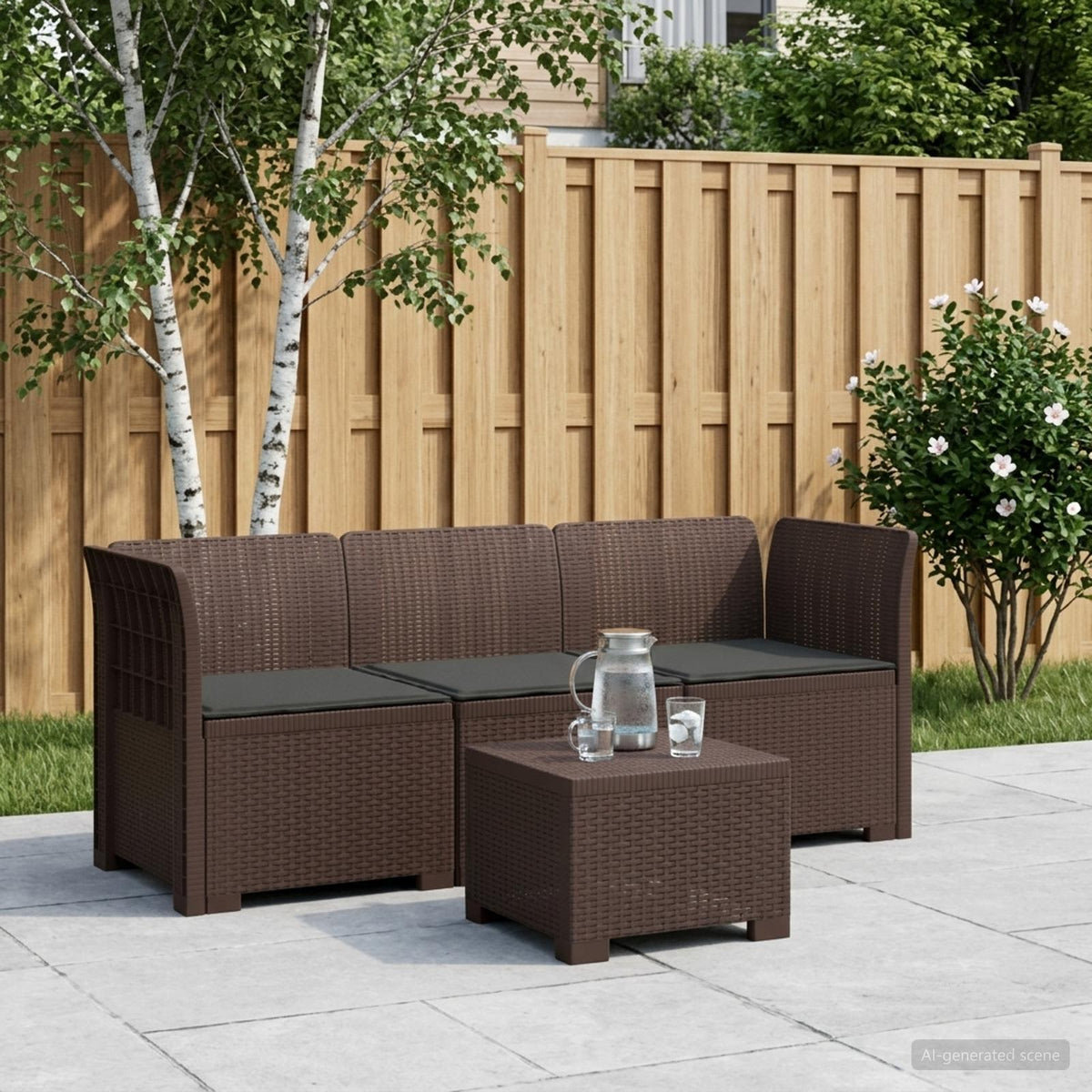 vidaXL 3-Seater Garden Sofa with Cushions Rattan Look PP Brown 1