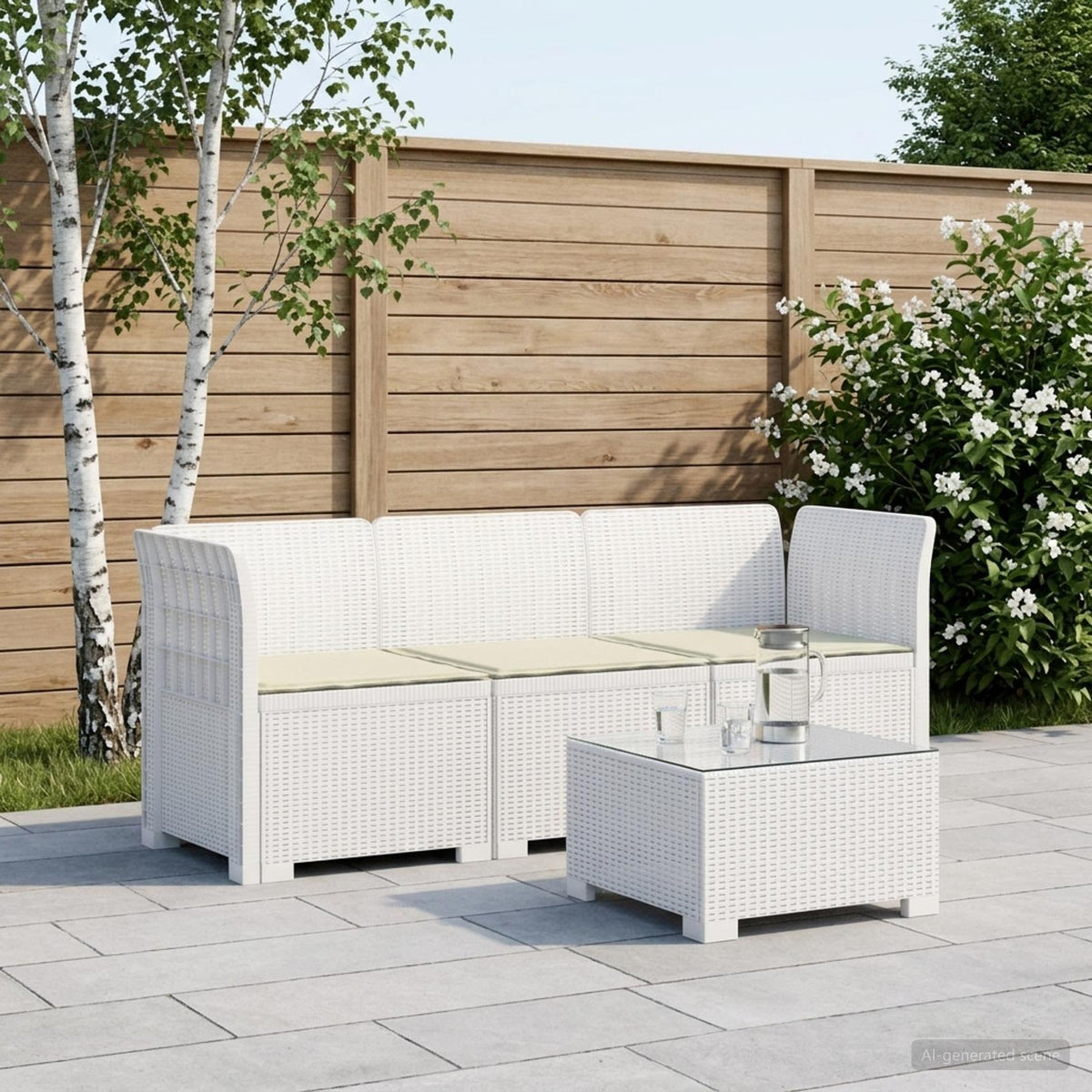 vidaXL 3-Seater Garden Sofa with Cushions Rattan Look PP White 1