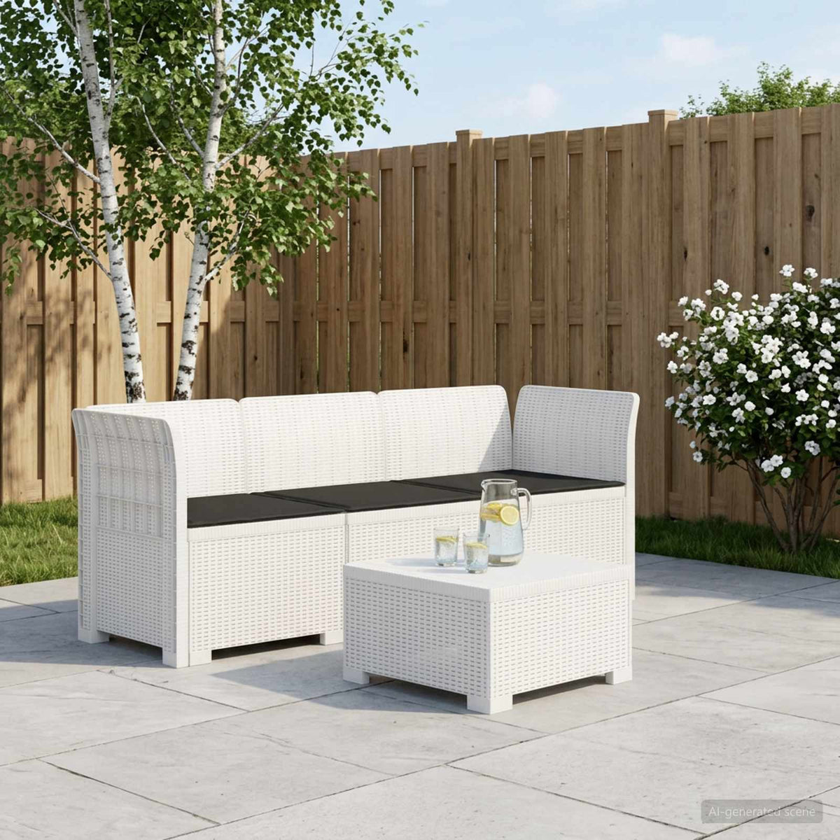vidaXL 3-Seater Garden Sofa with Cushions Rattan Look PP White 1