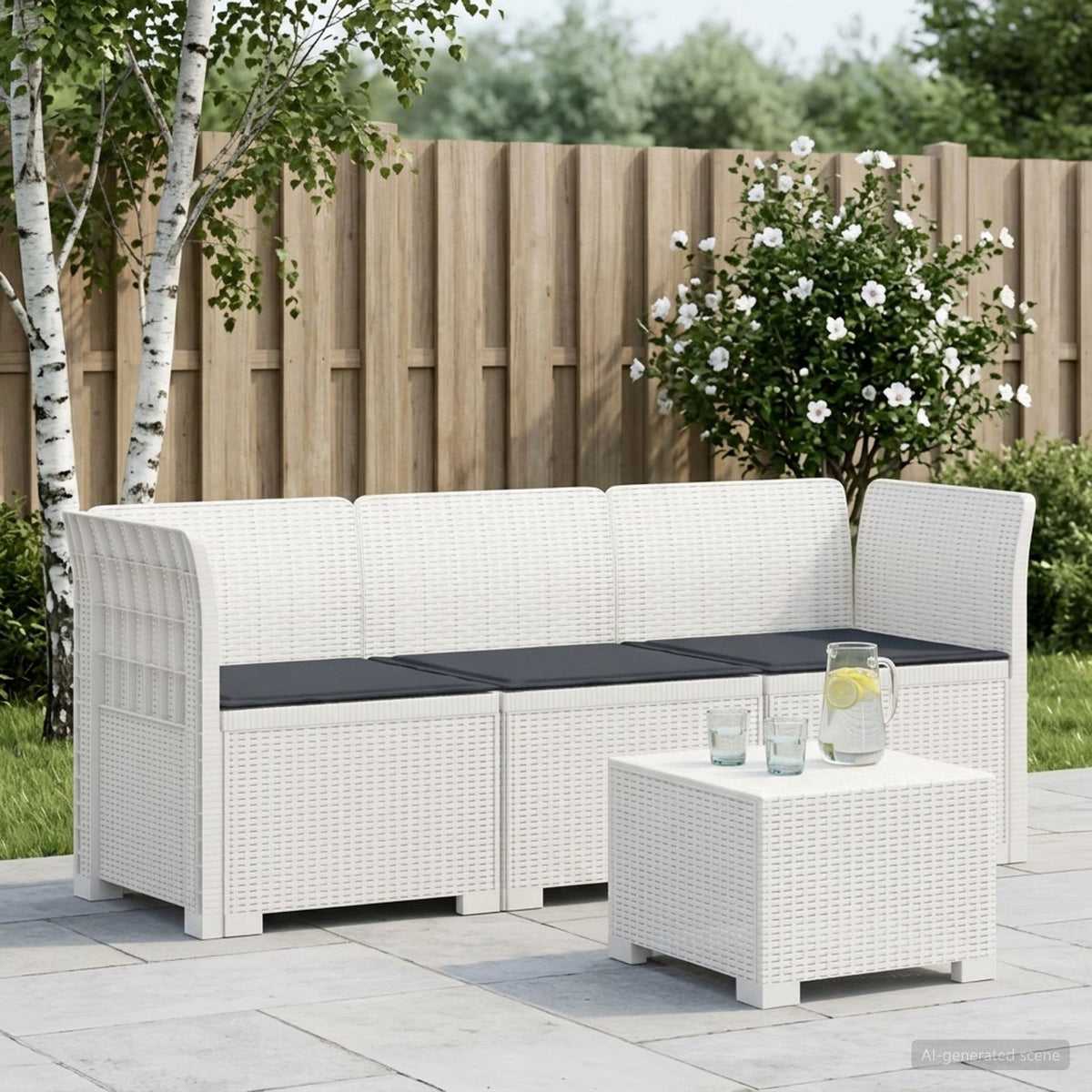 vidaXL 3-Seater Garden Sofa with Cushions Rattan Look PP White 1