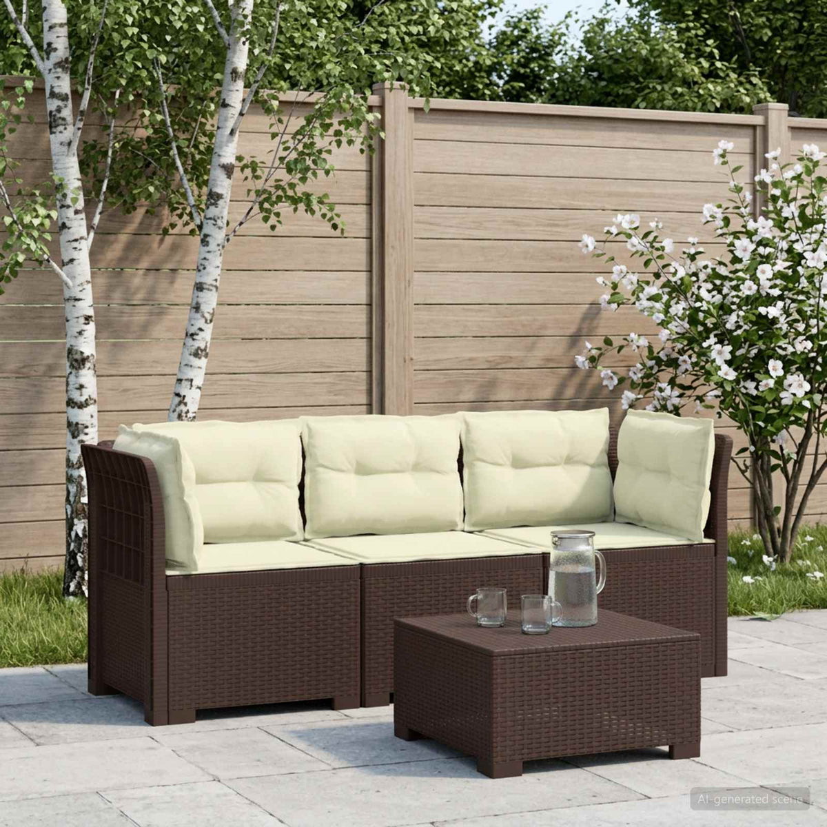 3-Seater Garden Sofa with Cushions Rattan Look 3-Seater PP with seat and back cushion Brown and cream