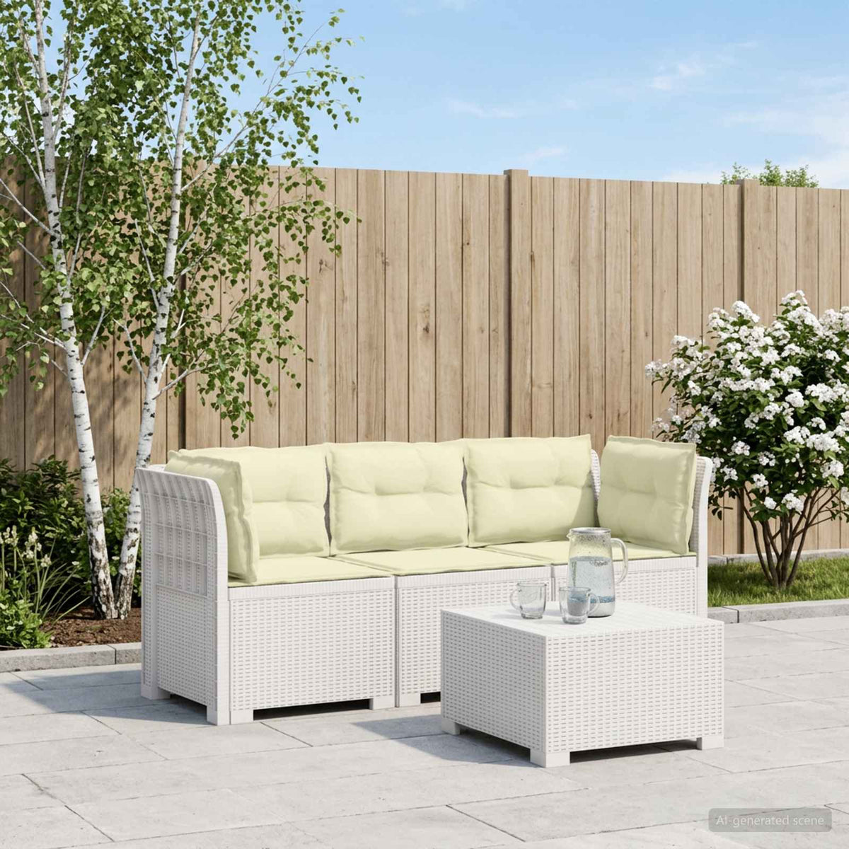vidaXL 3-Seater Garden Sofa with Cushions Rattan Look PP White 1