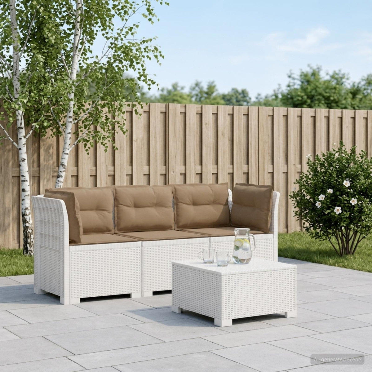 vidaXL 3-Seater Garden Sofa with Cushions Rattan Look PP White 1
