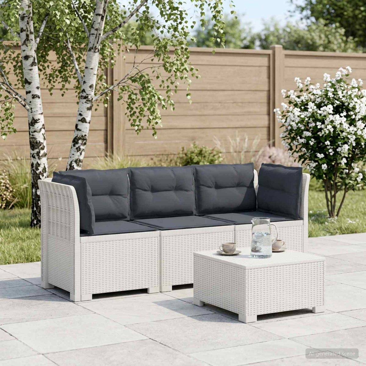 vidaXL 3-Seater Garden Sofa with Cushions Rattan Look PP White 1