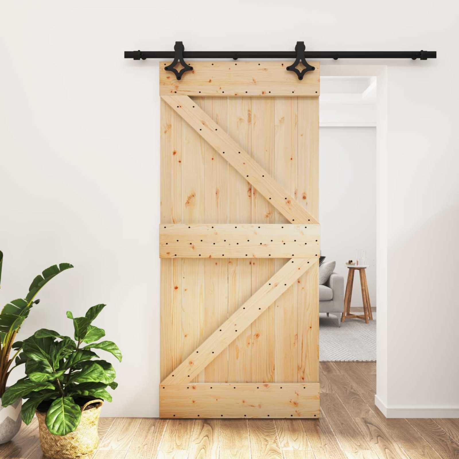 vidaXL Sliding Door Natural and Black 95 x 210 cm Solid Pine Wood 1