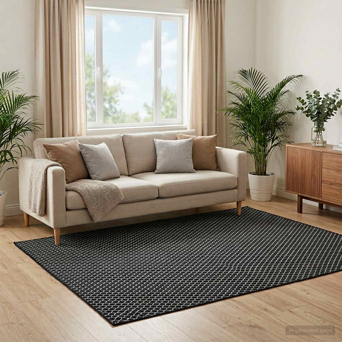 Rug ORIZ 100% Polyester Width 200 cm Black mesh pattern 200 cm