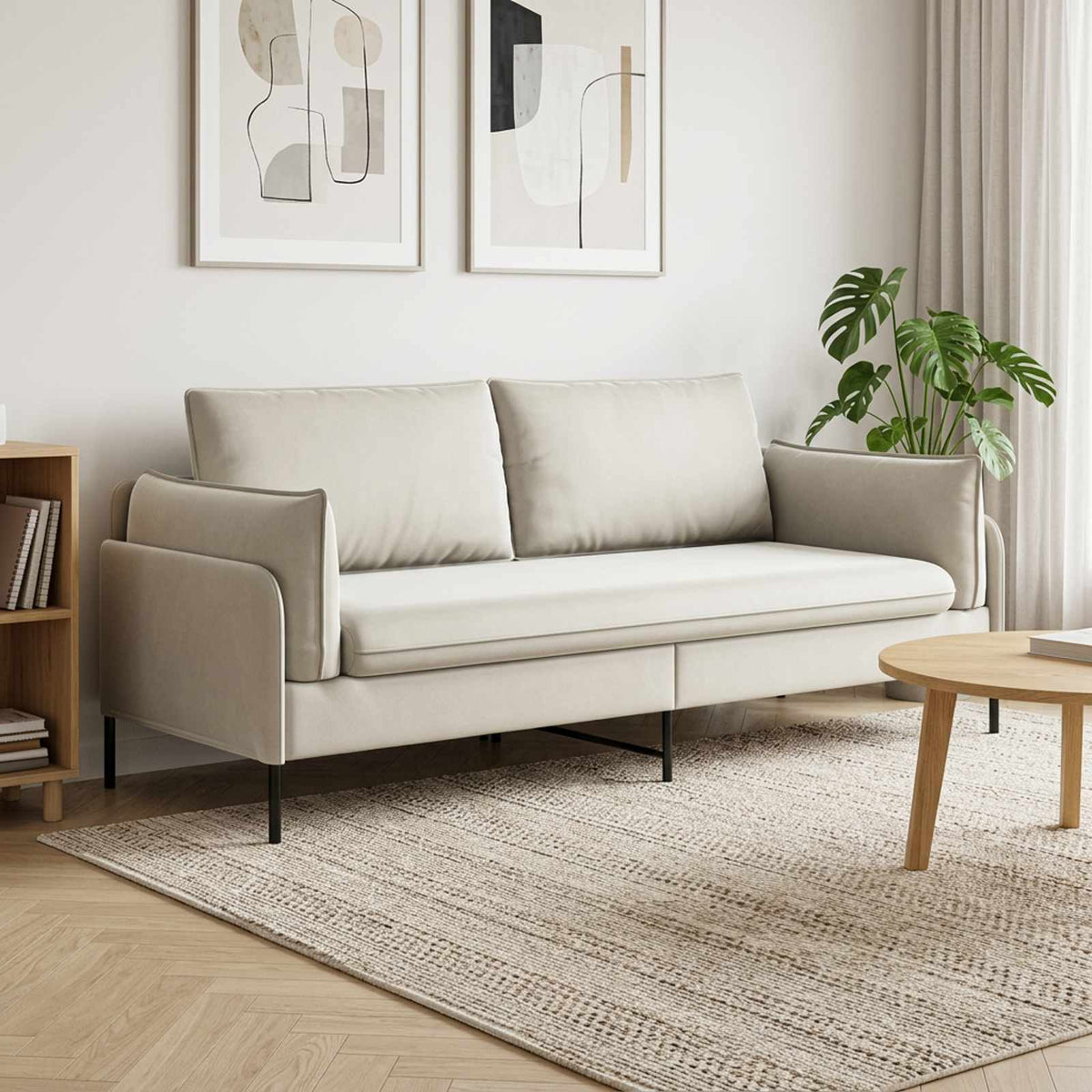 3-Seater Sofa 222 x 81 x 89 cm Velvet 180 cm Cream