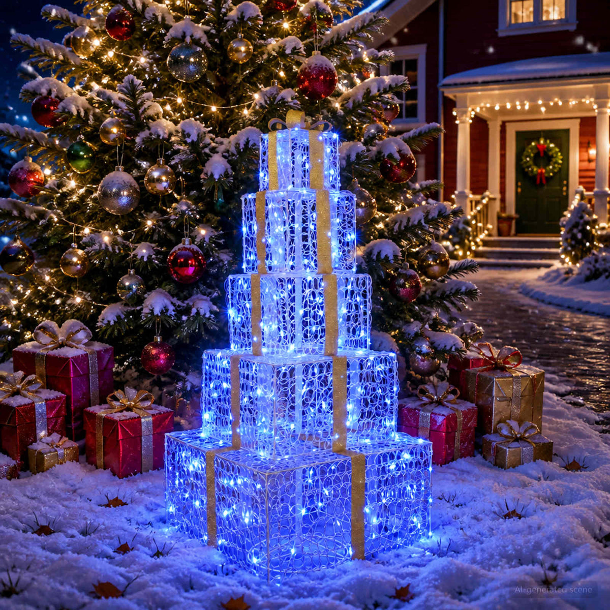 vidaXL Christmas LED Gift Box Stack 250 LEDs Blue 56 x 56 x 120 cm 1