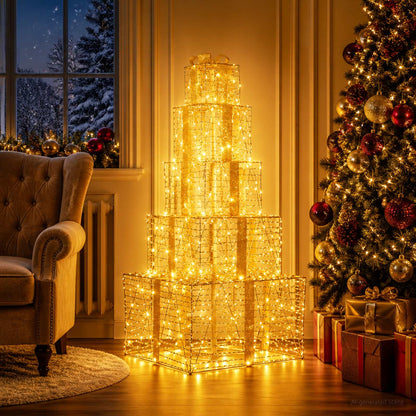 vidaXL Christmas LED Gift Box Stack 250 LEDs Warm White 1