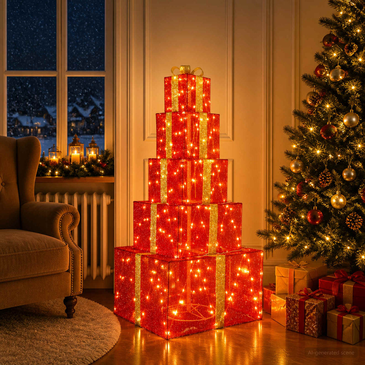 vidaXL Christmas LED Gift Box Stack 250 LEDs Warm White 1