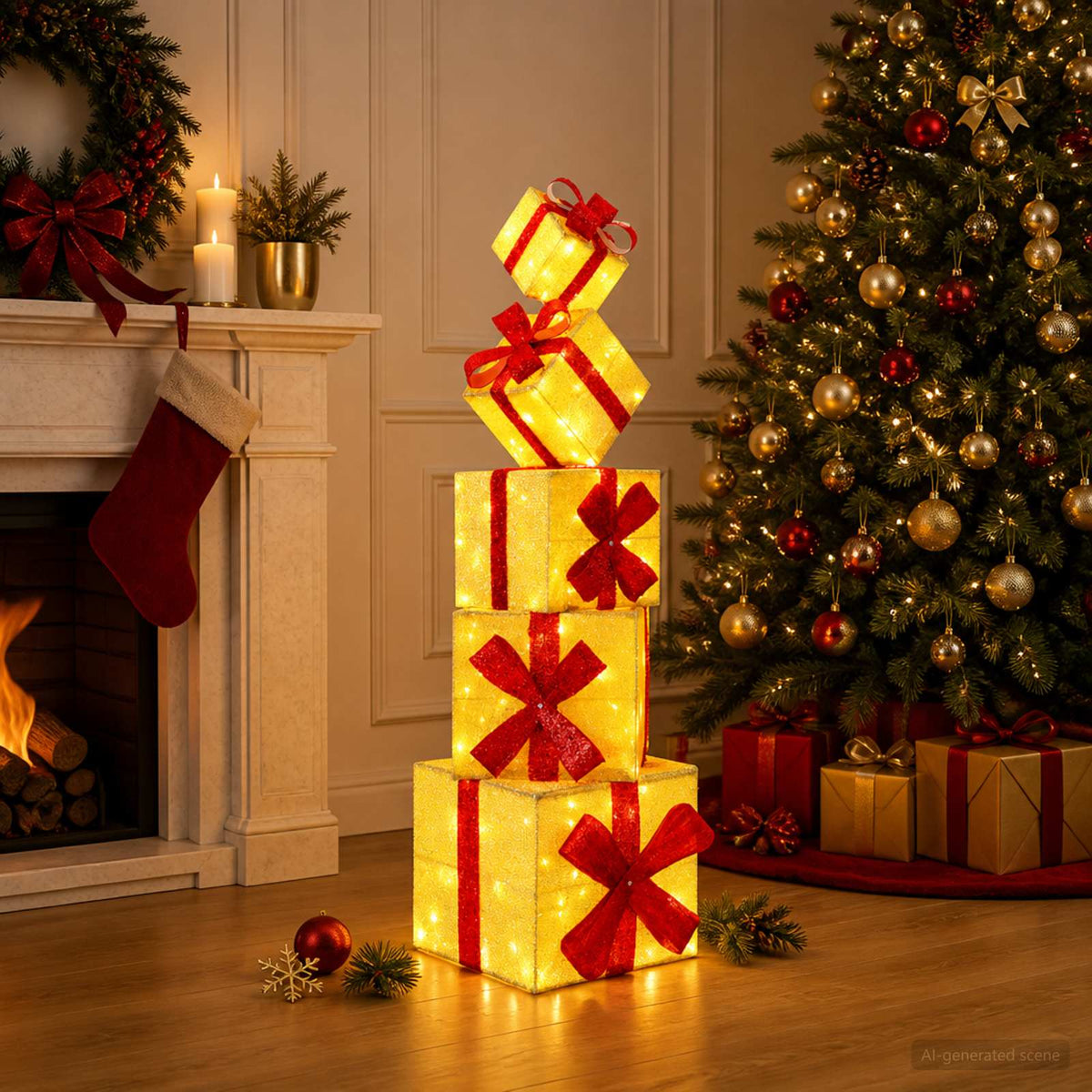 Gift Box Christmas Decoration 5 pcs 125 LEDs Warm White Gold fabric