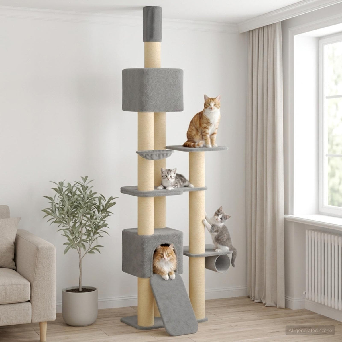 vidaXL Floor-to-Ceiling Cat Tree with Sisal Post Light Grey 257-283 cm 1