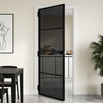 Interior Door Slim Black 76x201.5 cm Tempered Glass&Aluminium 3 Horizontal Bars Black