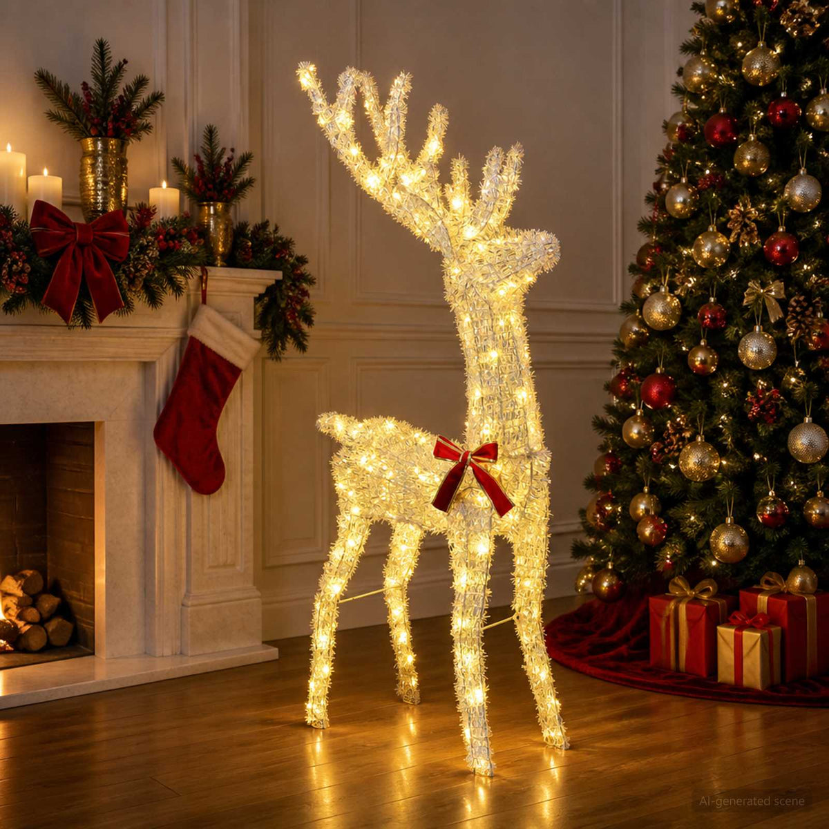 3D Christmas Reindeer LOVIISA 140 LEDs Warm White Height 128 cm 26 cm Iridescent tinsel