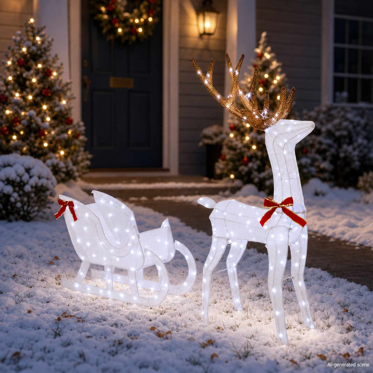 Reindeer Pull Sleigh LOVIISA 2 pcs 200 LEDs Warm White White fabric