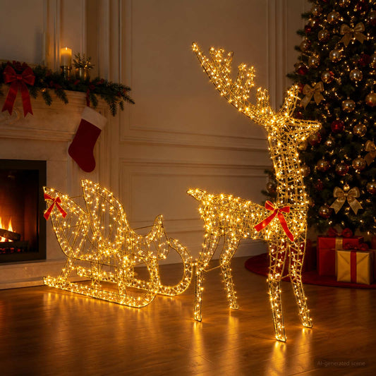 Reindeer Pull Sleigh LOVIISA 2 pcs 200 LEDs Warm White Brown string