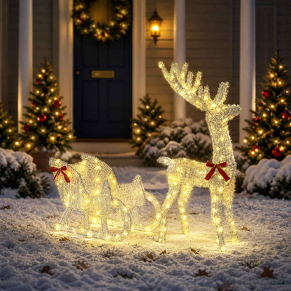 Reindeer Pull Sleigh LOVIISA 2 pcs 200 LEDs Warm White Iridescent tinsel