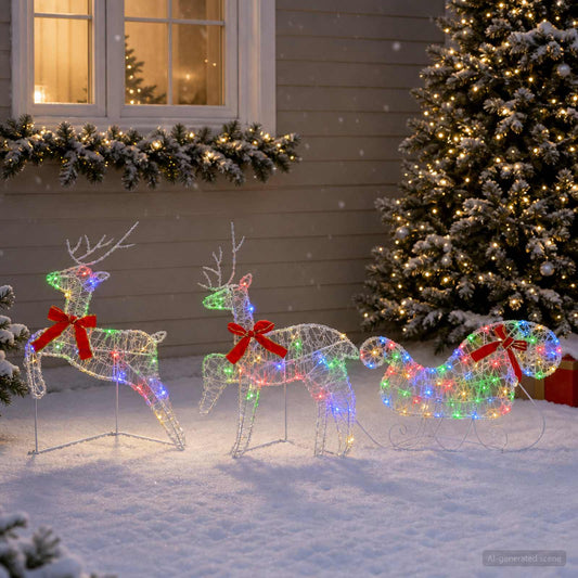 Christmas Reindeer with Sleigh 3 pcs 60 LEDs Multicolour
