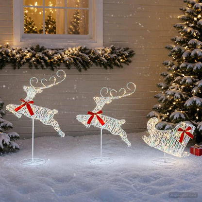 Christmas Reindeer with Sleigh 3 pcs 72 LEDs Warm White Iridescent PET