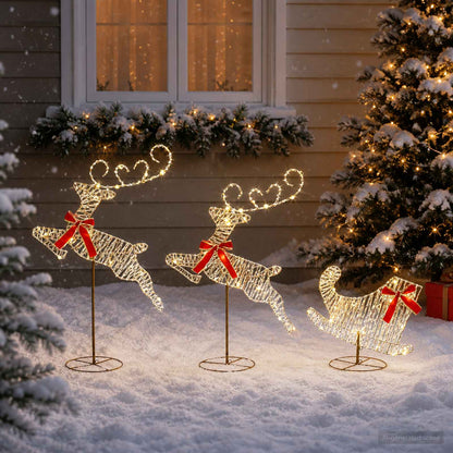 Christmas Reindeer with Sleigh 3 pcs 72 LEDs Warm White Gold PET
