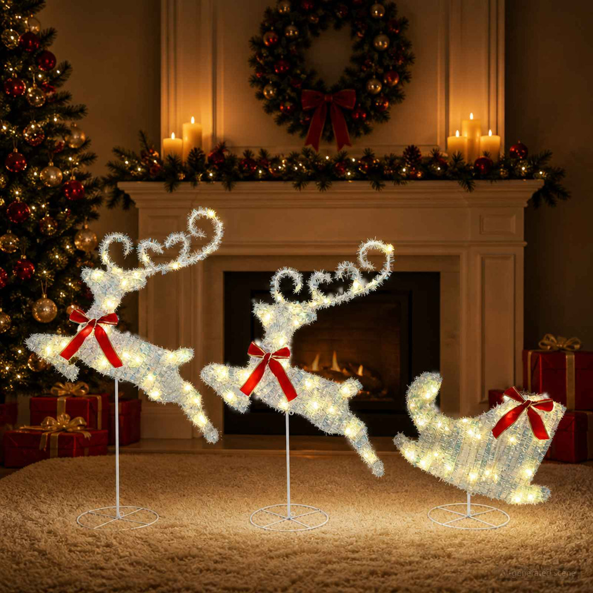 Christmas Reindeer with Sleigh 3 pcs 72 LEDs Warm White Iridescent tinsel