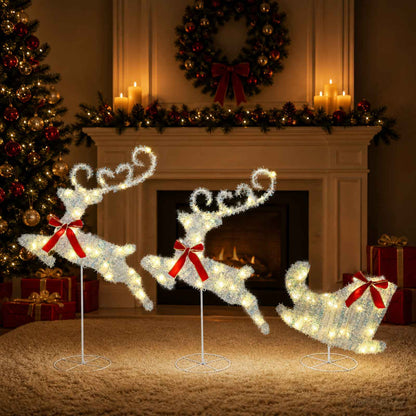 Christmas Reindeer with Sleigh 3 pcs 72 LEDs Warm White Iridescent tinsel