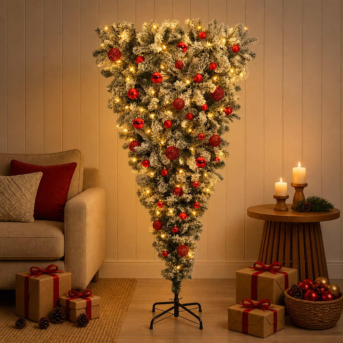 Upside-down Artificial Hinged Christmas Tree 150 LEDs 150 cm with LEDs & red balls