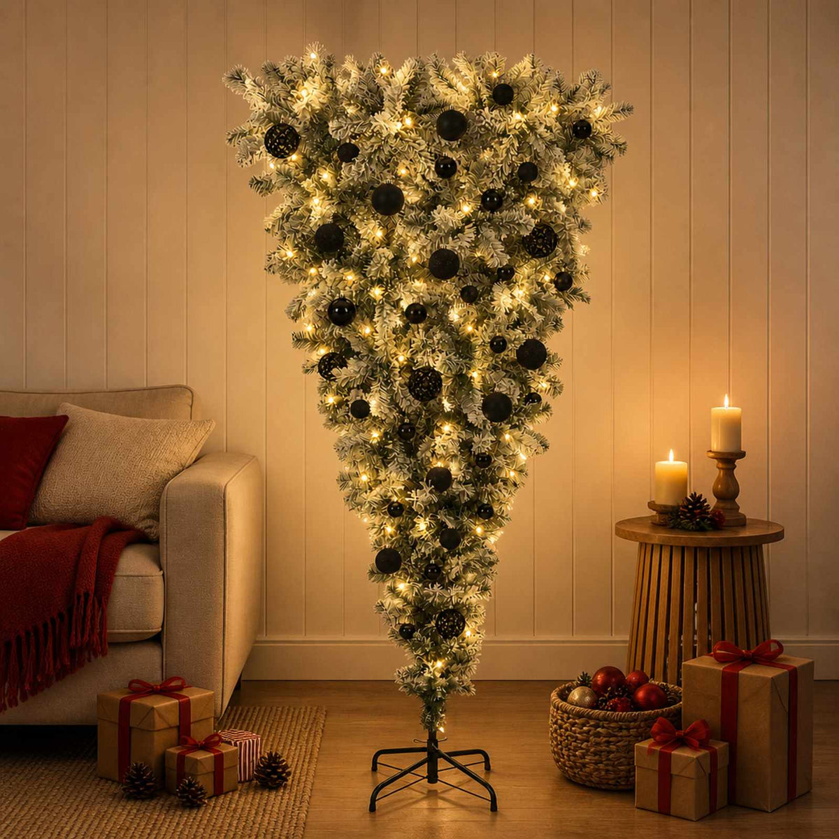 Upside-down Artificial Hinged Christmas Tree 150 LEDs 150 cm with LEDs & black balls