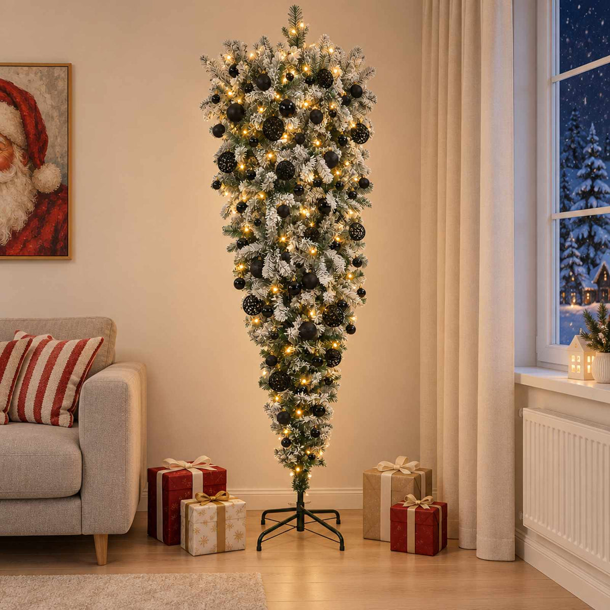 Upside-down Artificial Hinged Christmas Tree 150 LEDs 180 cm with LEDs & black balls