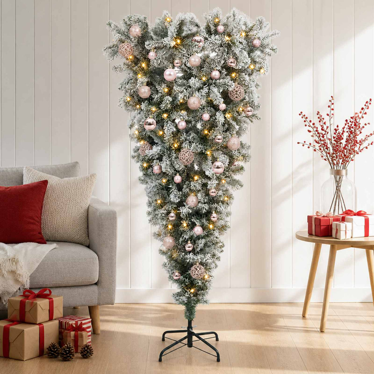 Upside-down Artificial Hinged Christmas Tree 150 LEDs 150 cm with LEDs & pink balls