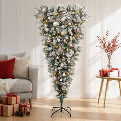 Upside-down Artificial Hinged Christmas Tree 150 LEDs 150 cm with LEDs & pink balls