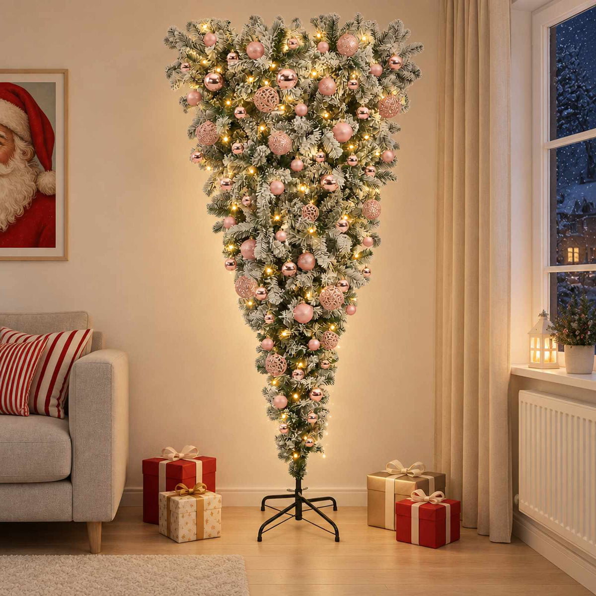 Upside-down Artificial Hinged Christmas Tree 150 LEDs 180 cm with LEDs & pink balls