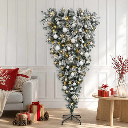 Upside-down Artificial Hinged Christmas Tree 150 LEDs 150 cm with LEDs & white balls