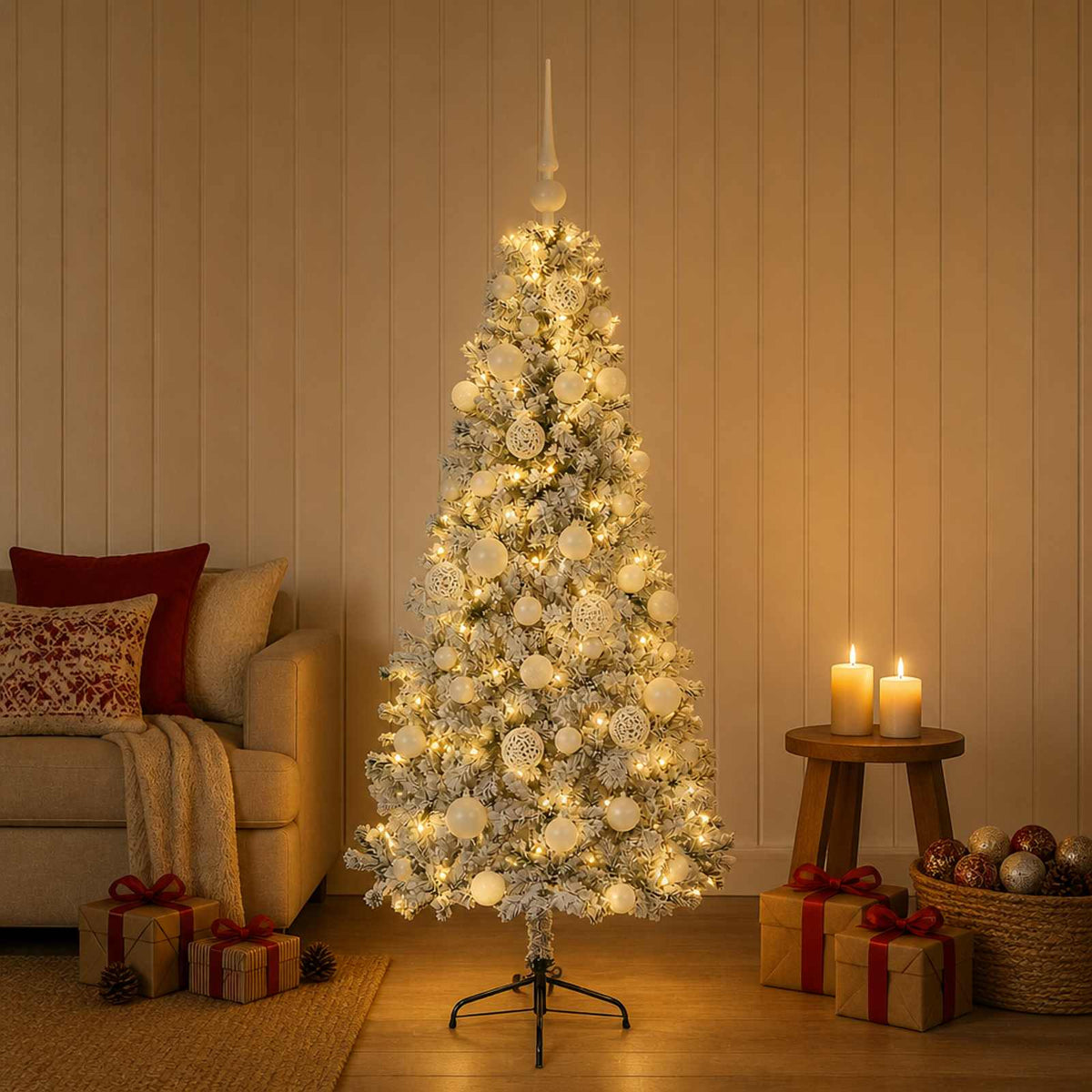 Artificial Christmas Tree with Bauble 150 LEDs 150 cm with LEDs & white balls