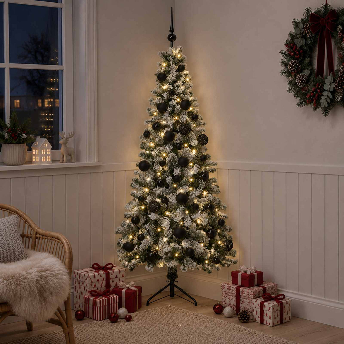 Artificial Christmas Tree with Bauble 150 LEDs 150 cm with LEDs & black balls