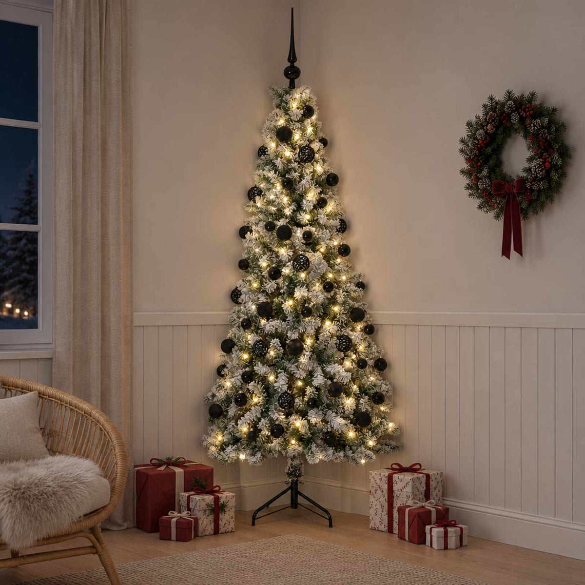 Artificial Christmas Tree with Bauble 300 LEDs 180 cm with LEDs & black balls