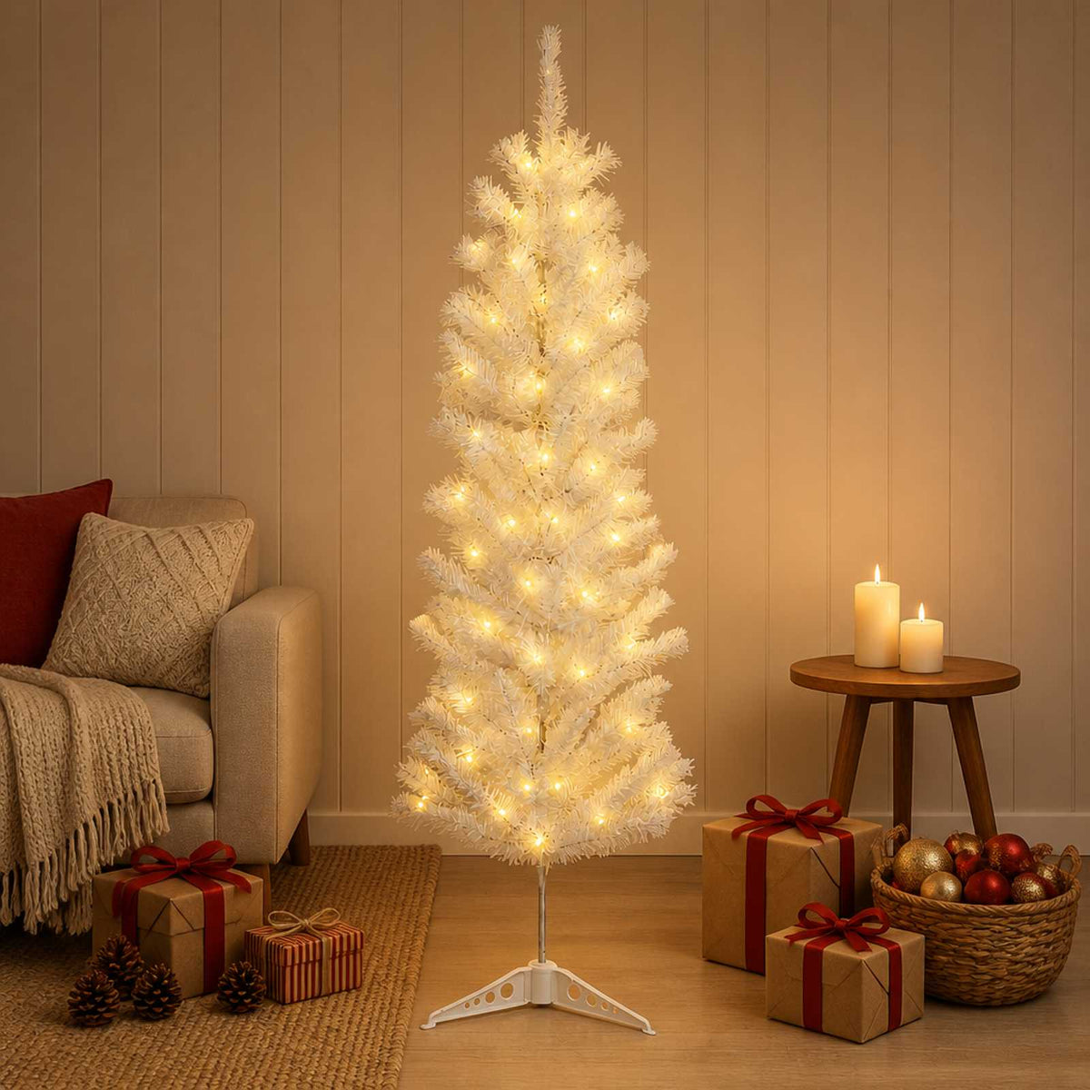 Artificial Slim Christmas Tree with Bauble 150 LEDs 150 cm with LEDs
