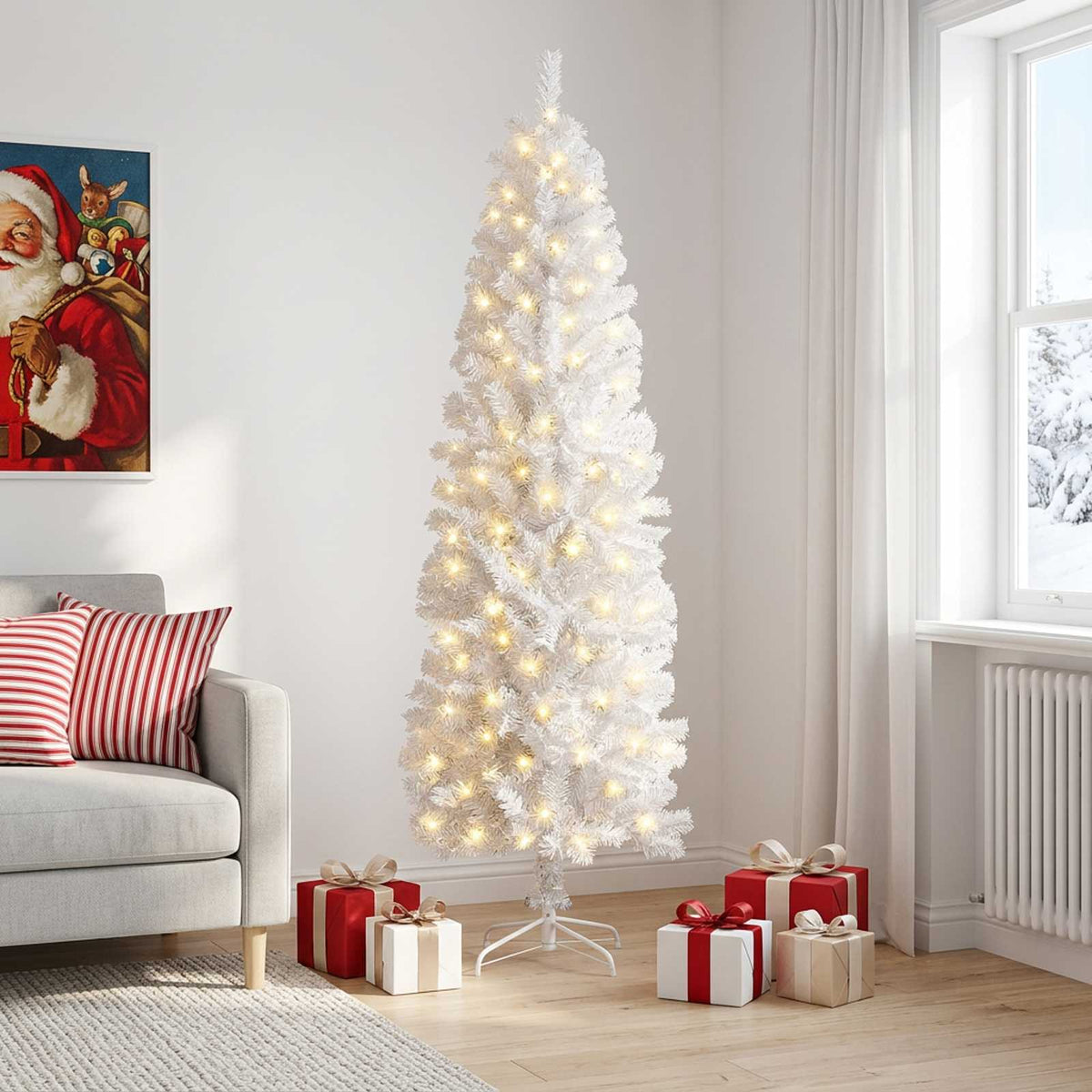 Artificial Slim Christmas Tree with Bauble 300 LEDs 210 cm with LEDs