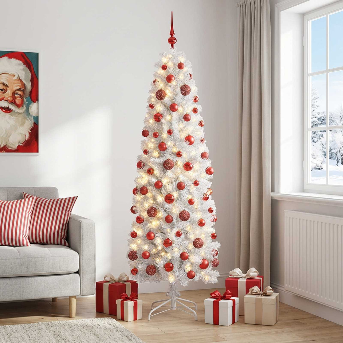 vidaXL Artificial Slim Christmas Tree with Bauble 240 cm 300 LEDs 1