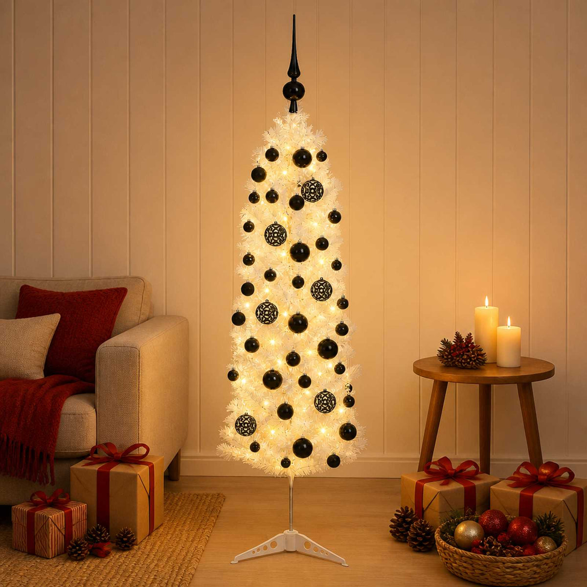 Artificial Slim Christmas Tree with Bauble 150 LEDs 150 cm with LEDs & black balls
