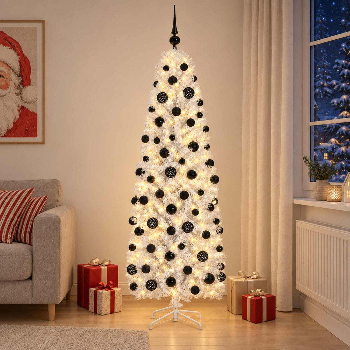 Artificial Slim Christmas Tree with Bauble 300 LEDs 180 cm with LEDs & black balls