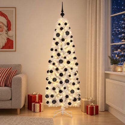 Artificial Slim Christmas Tree with Bauble 300 LEDs 240 cm with LEDs & black balls