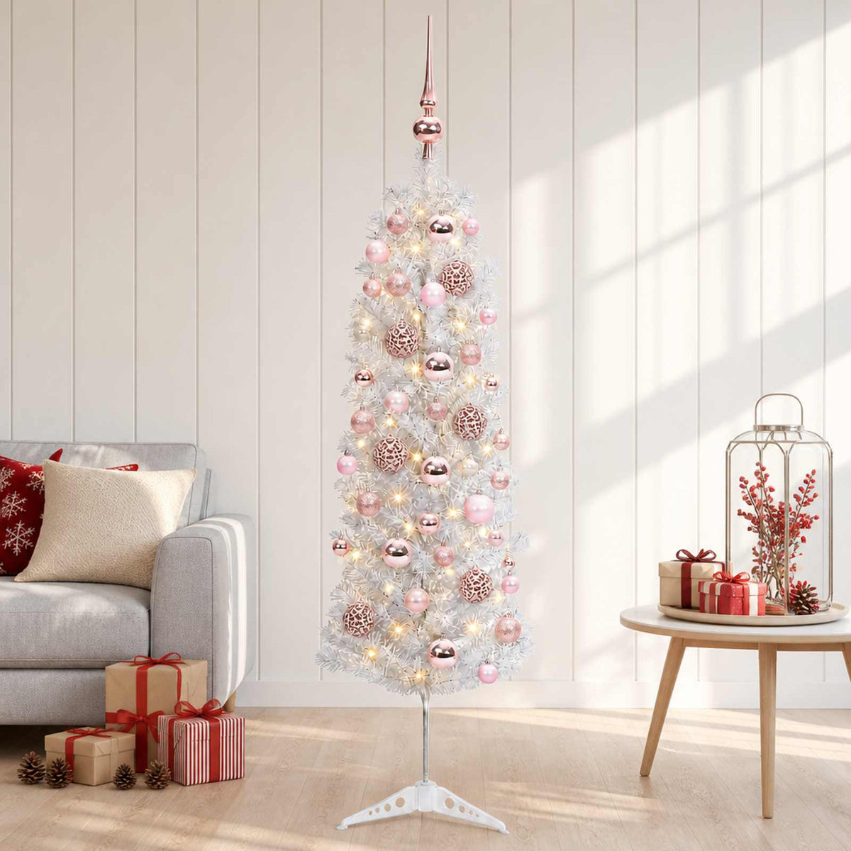 Artificial Slim Christmas Tree with Bauble 150 LEDs 150 cm with LEDs & pink balls