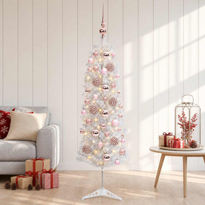 Artificial Slim Christmas Tree with Bauble 150 LEDs 150 cm with LEDs & pink balls