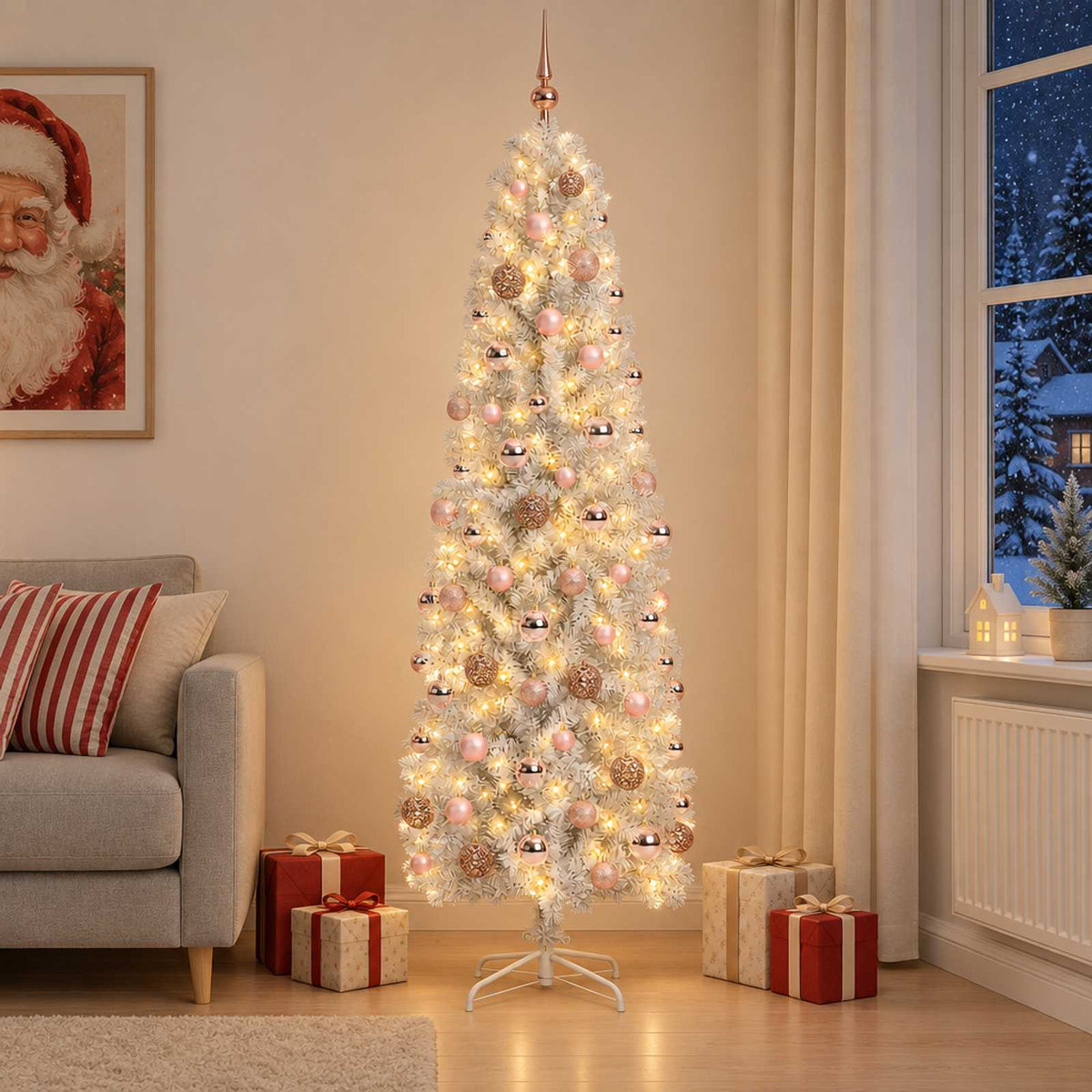Artificial Slim Christmas Tree with Bauble 300 LEDs 180 cm with LEDs & pink balls