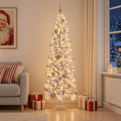 Artificial Slim Christmas Tree with Bauble 300 LEDs 180 cm with LEDs & pink balls